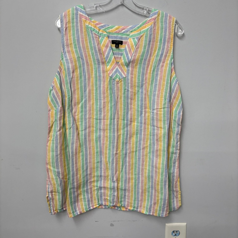 Talbots Plus 1X Linen Sleeveless Top Pastel Multi Color Stripe Split V-Neck Tank